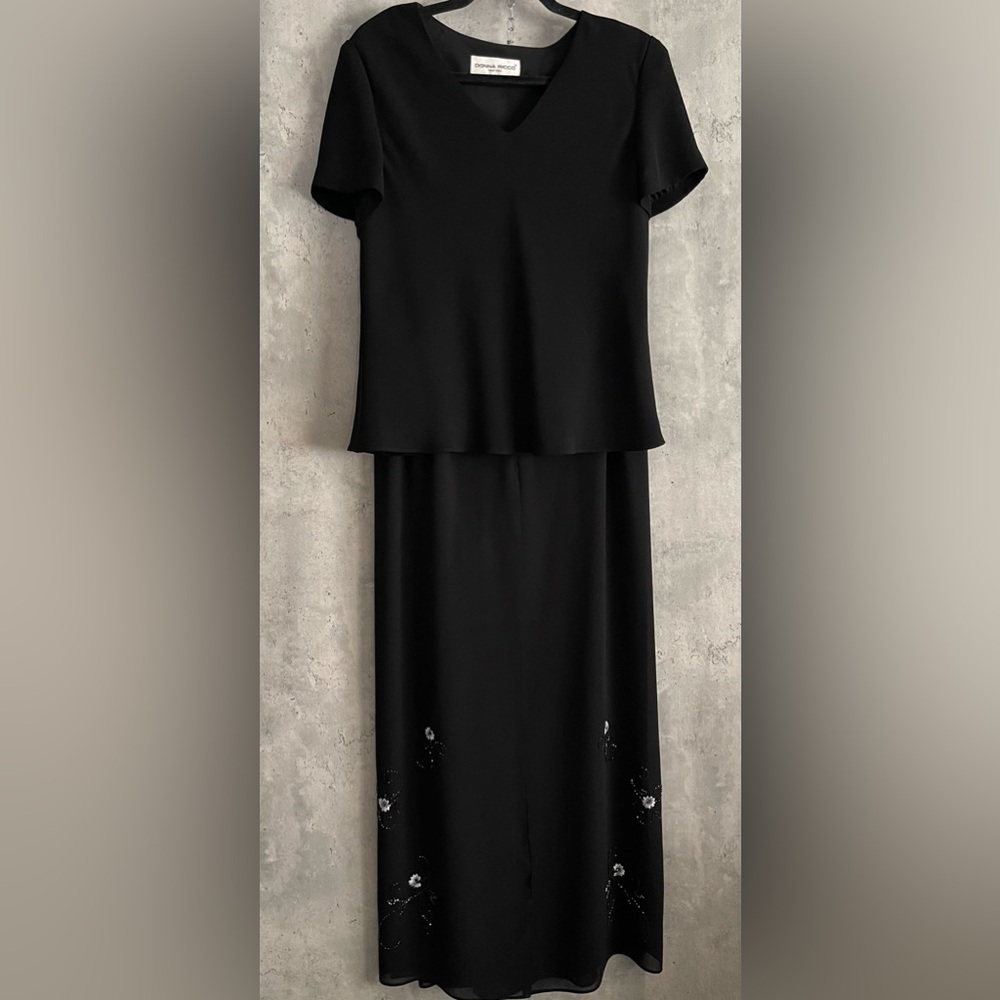 VTG Donna Ricco 2Pc Blk Evening Gown Blouse Chiffon Slit Overlay Skirt Dress S12